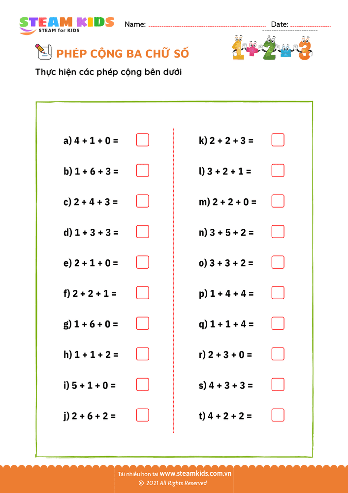 Bài tập Toán tư duy - Phép cộng 3 số - B1