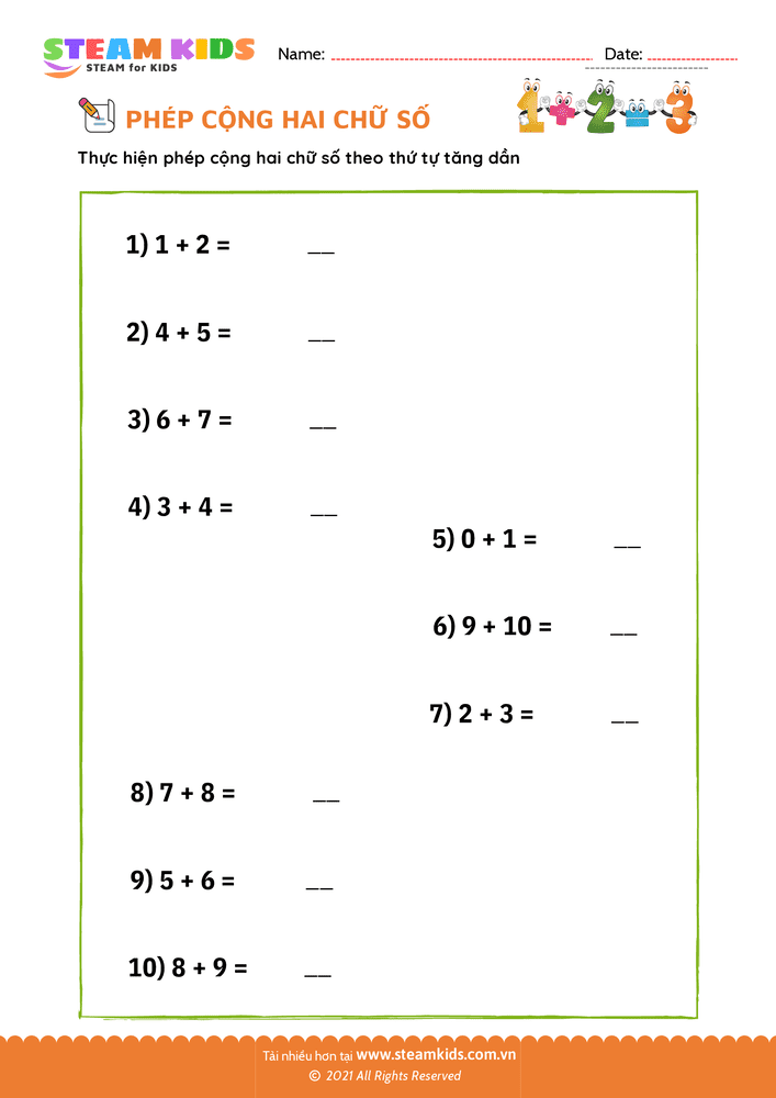 Bài tập Toán tư duy - Phép cộng 2 số - B21