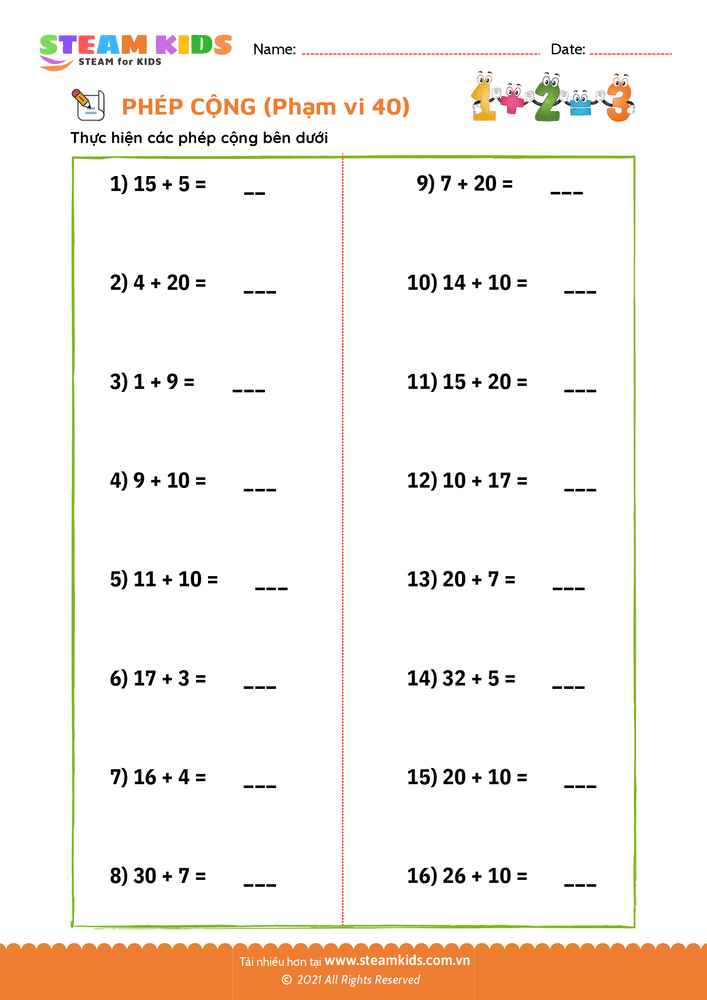 Bài tập Toán tư duy - Phép cộng phạm vi 40 - B10