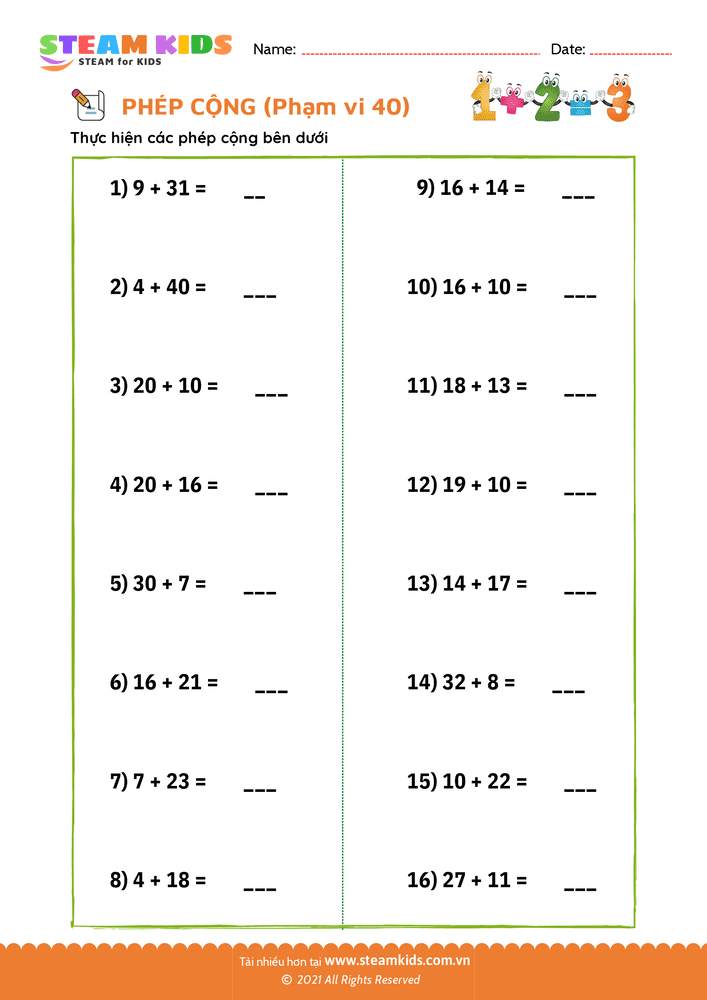 Bài tập Toán tư duy - Phép cộng phạm vi 40 - B15