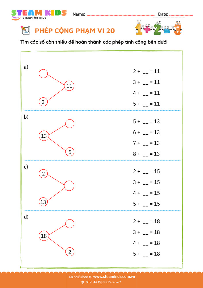 Bài tập Toán tư duy - Phép cộng phạm vi 20 - B2