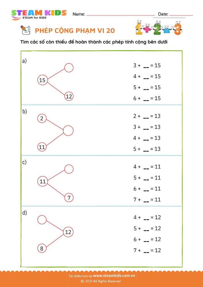 Bài tập Toán tư duy - Phép cộng phạm vi 20 - B4