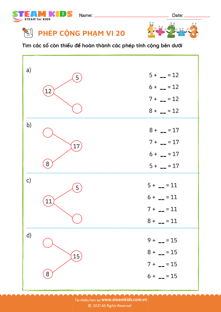 Bài tập Toán tư duy - Phép cộng phạm vi 20 - B5