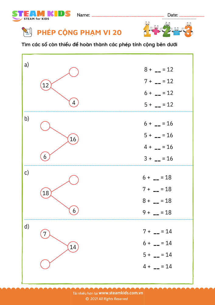 Bài tập Toán tư duy - Phép cộng phạm vi 20 - B6