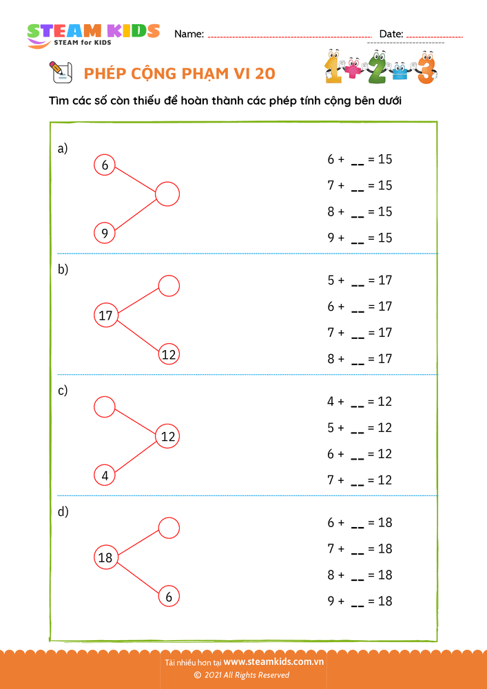 Bài tập Toán tư duy - Phép cộng phạm vi 20 - B8