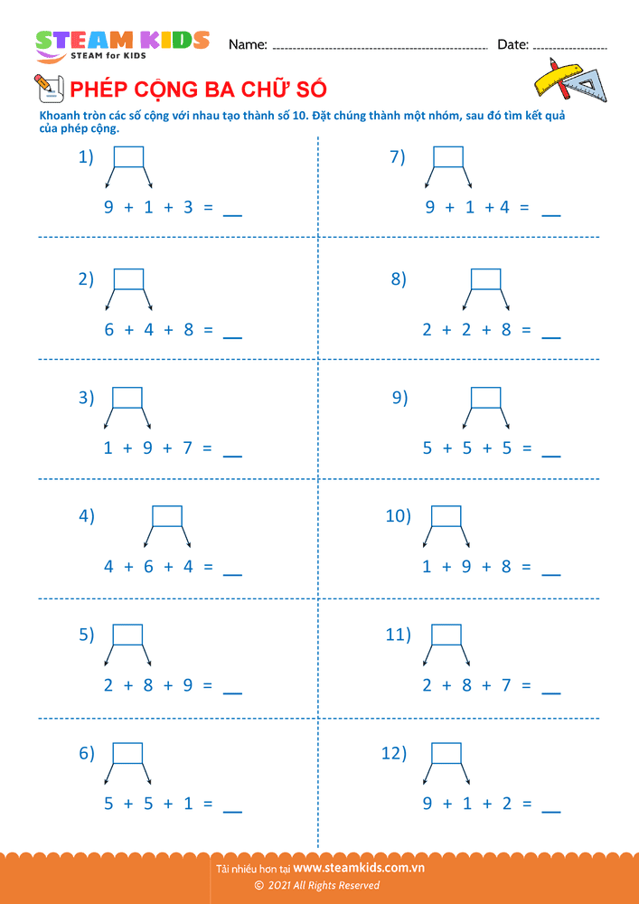 Bài tập Toán tư duy - Phép cộng 3 số - B19