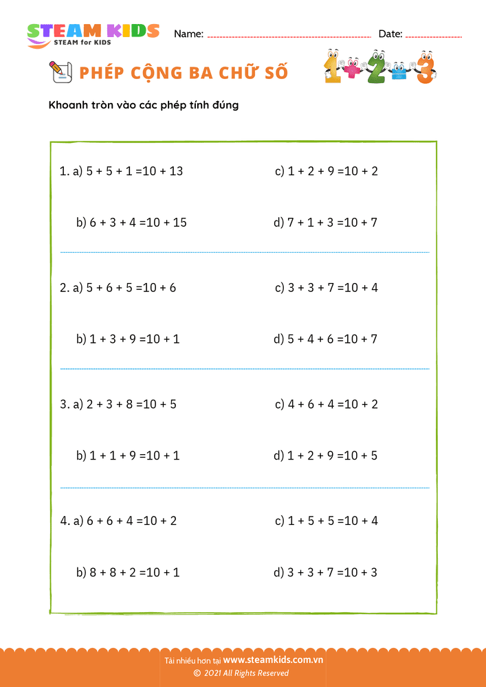 Bài tập Toán tư duy - Phép cộng 3 số - B53