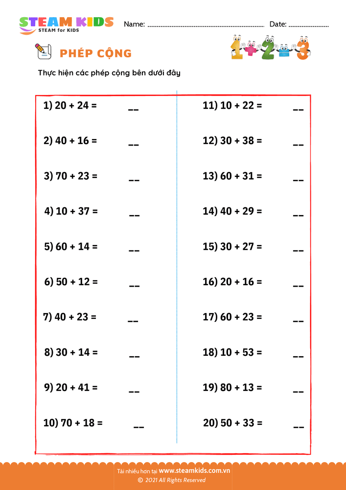 Bài tập Toán tư duy - Cộng số có hai chữ số - B21