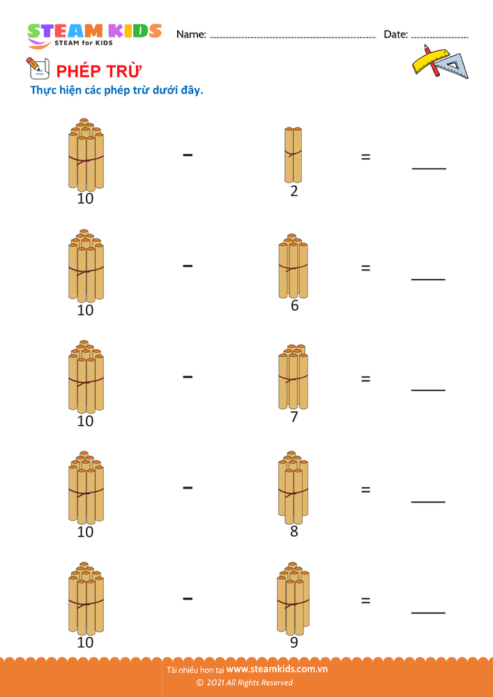 Bài tập Toán tư duy - Trừ phạm vi 10 - B23