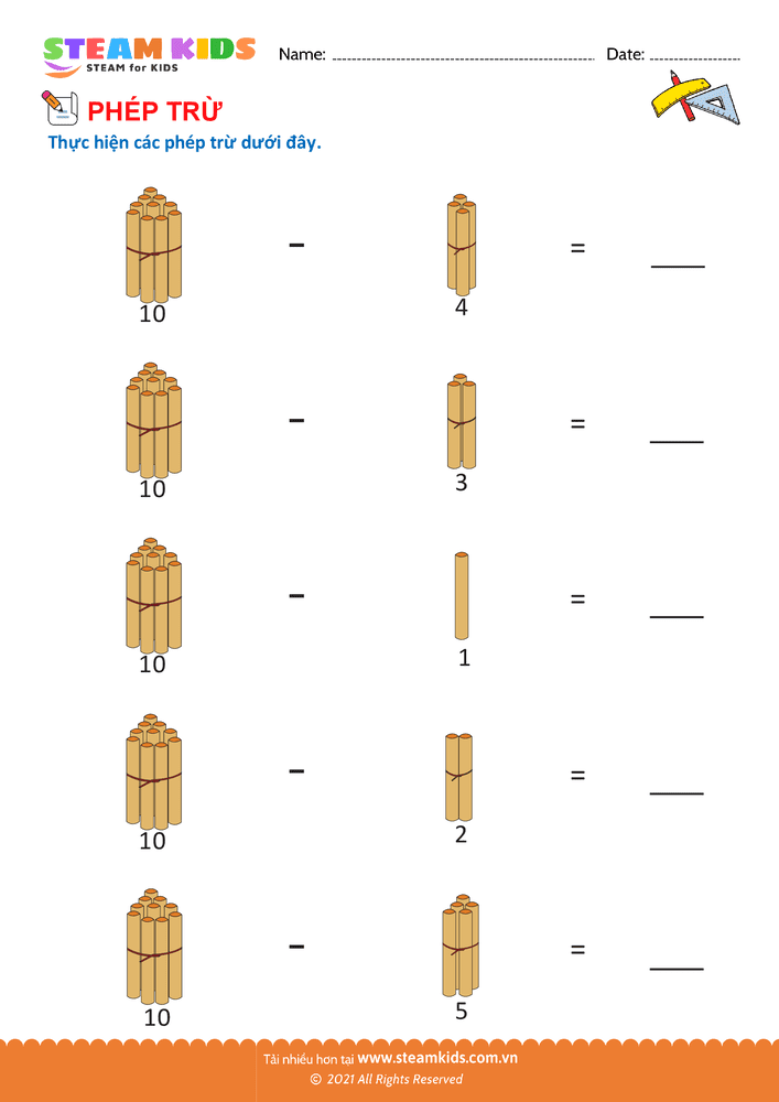 Bài tập Toán tư duy - Trừ phạm vi 10 - B25