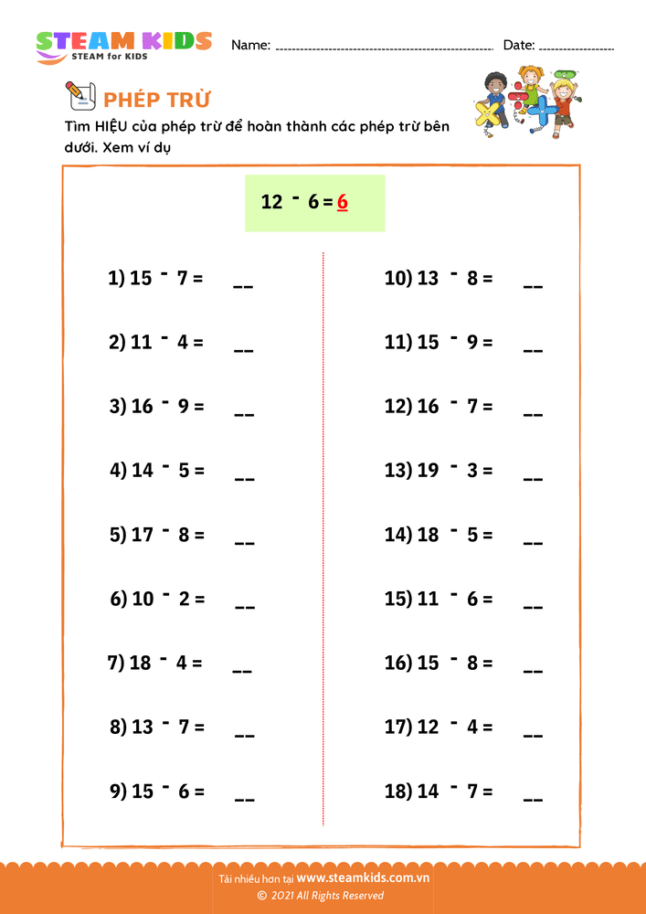 Bài tập Toán tư duy - Tìm hiệu của phép trừ - B1