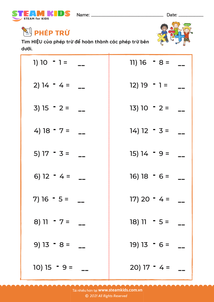 Bài tập Toán tư duy - Tìm hiệu của phép trừ - B7