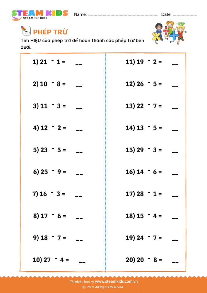 Bài tập Toán tư duy - Tìm hiệu của phép trừ - B9