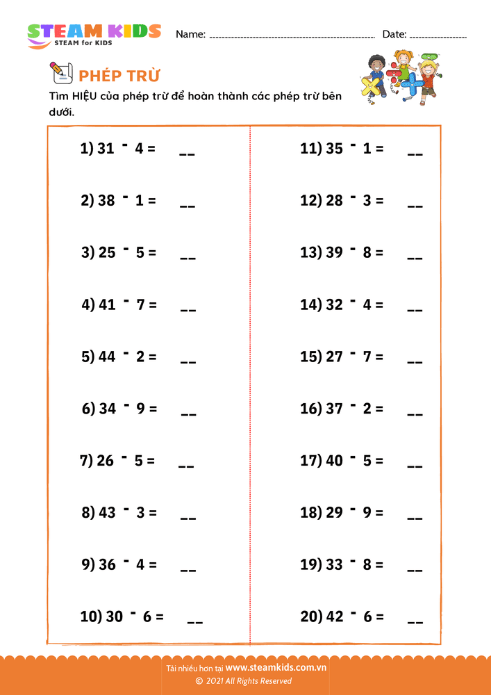 Bài tập Toán tư duy - Tìm hiệu của phép trừ - B13