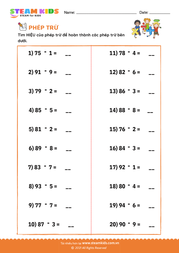 Bài tập Toán tư duy - Tìm hiệu của phép trừ - B19