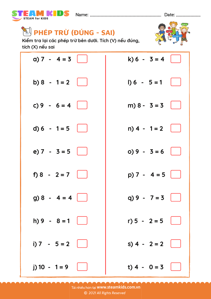 Bài tập Toán tư duy - Phép trừ - Chọn đúng, sai - B17