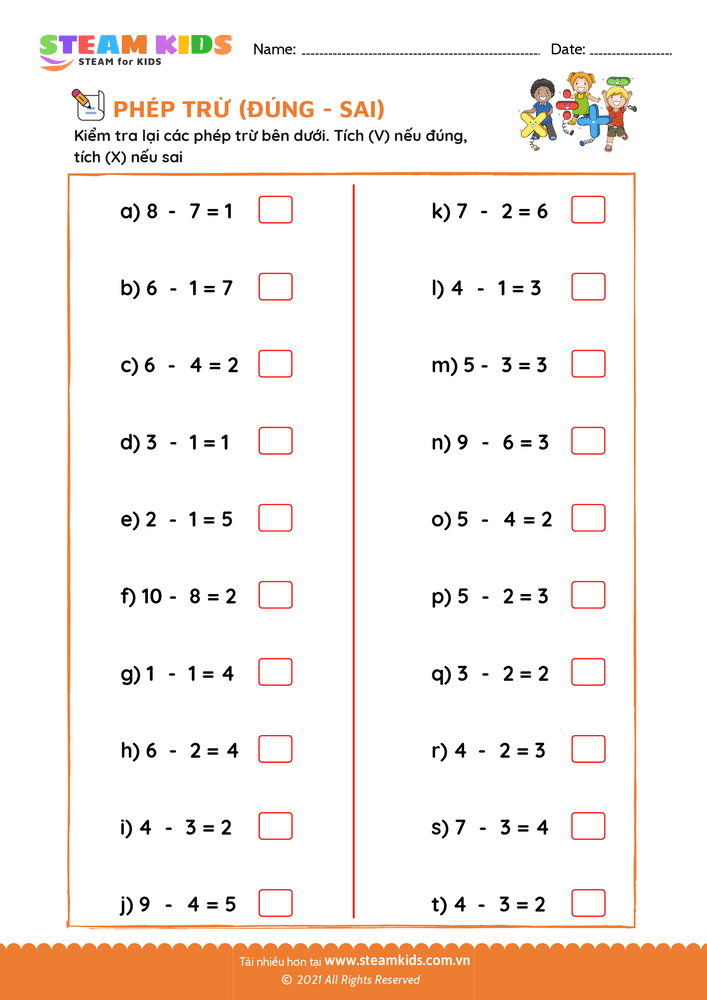 Bài tập Toán tư duy - Phép trừ - Chọn đúng, sai - B25