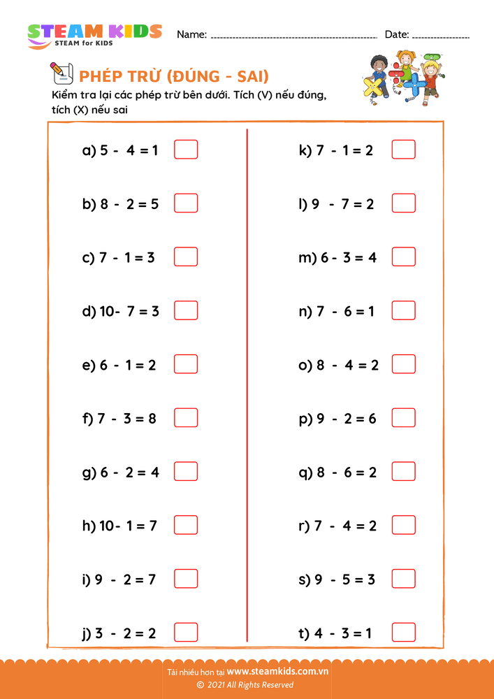 Bài tập Toán tư duy - Phép trừ - Chọn đúng, sai - B29