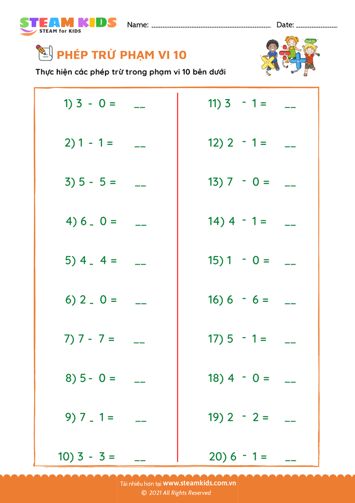 Bài tập Toán tư duy - Trừ phạm vi 10 - B33