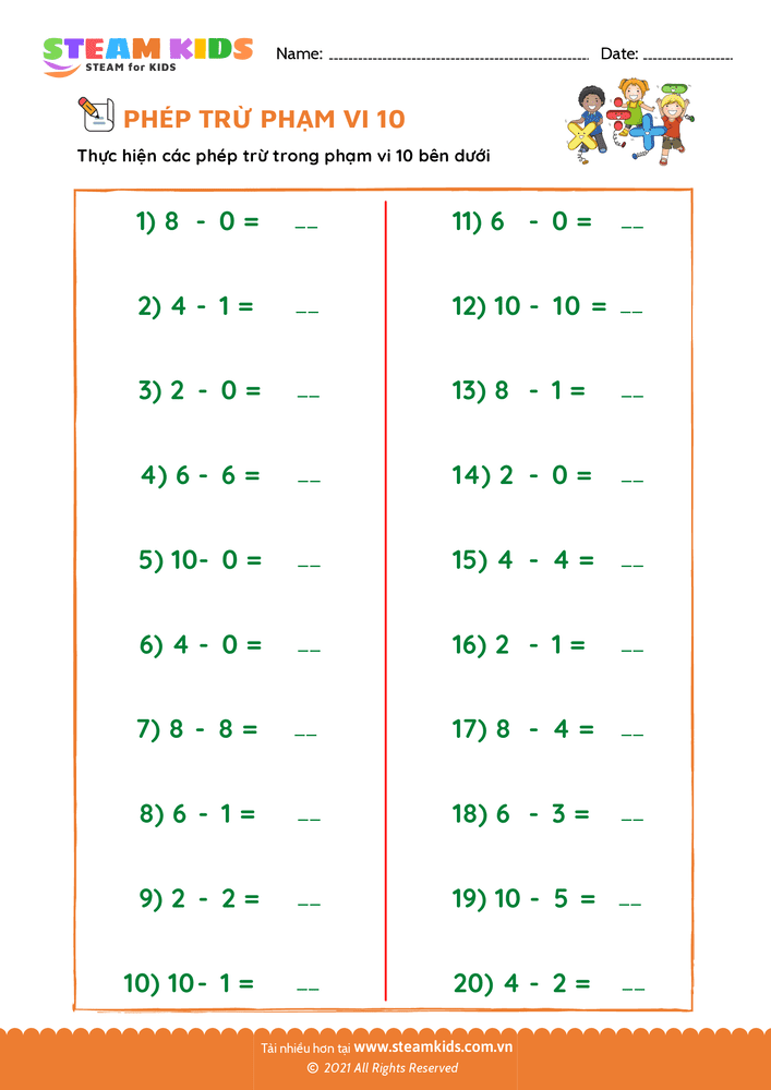 Bài tập Toán tư duy - Trừ phạm vi 10 - B34