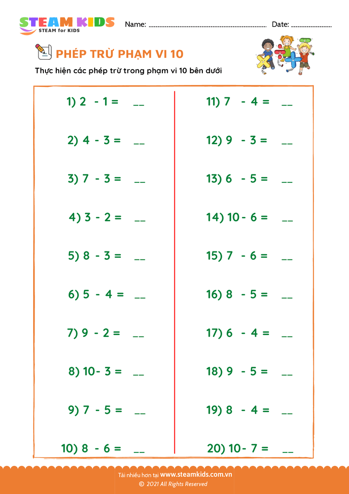 Bài tập Toán tư duy - Trừ phạm vi 10 - B35