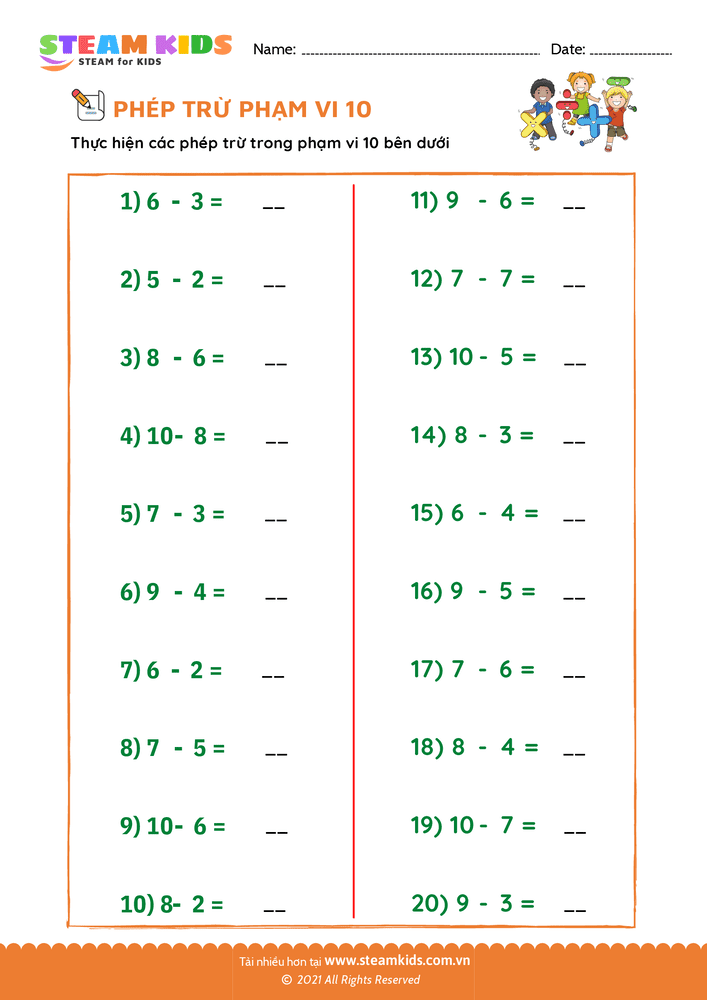 Bài tập Toán tư duy - Trừ phạm vi 10 - B36