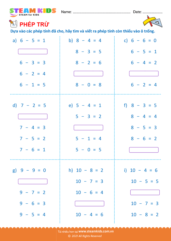 Bài tập Toán tư duy - Tìm phép trừ - B9