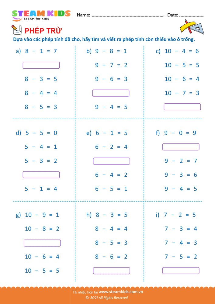 Bài tập Toán tư duy - Tìm phép trừ - B15