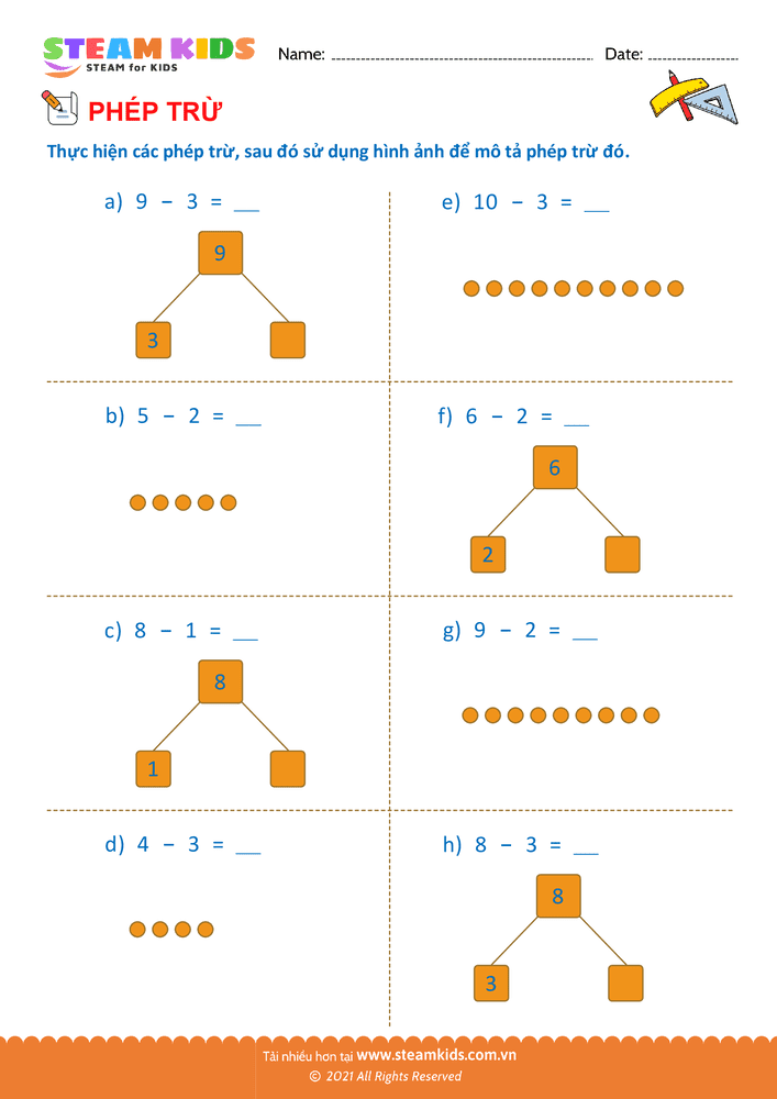Bài tập Toán tư duy - Trừ phạm vi 10 - B2