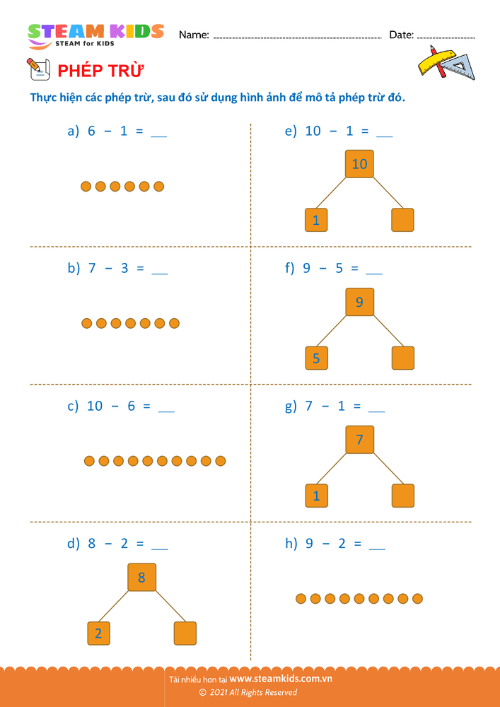 Bài tập Toán tư duy - Trừ phạm vi 10 - B3