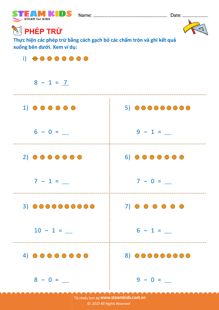 Bài tập Toán tư duy - Trừ phạm vi 10 - B8