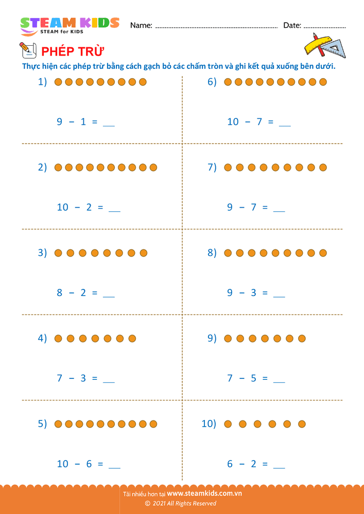 Bài tập Toán tư duy - Trừ phạm vi 10 - B9