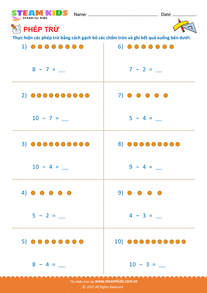 Bài tập Toán tư duy - Trừ phạm vi 10 - B10