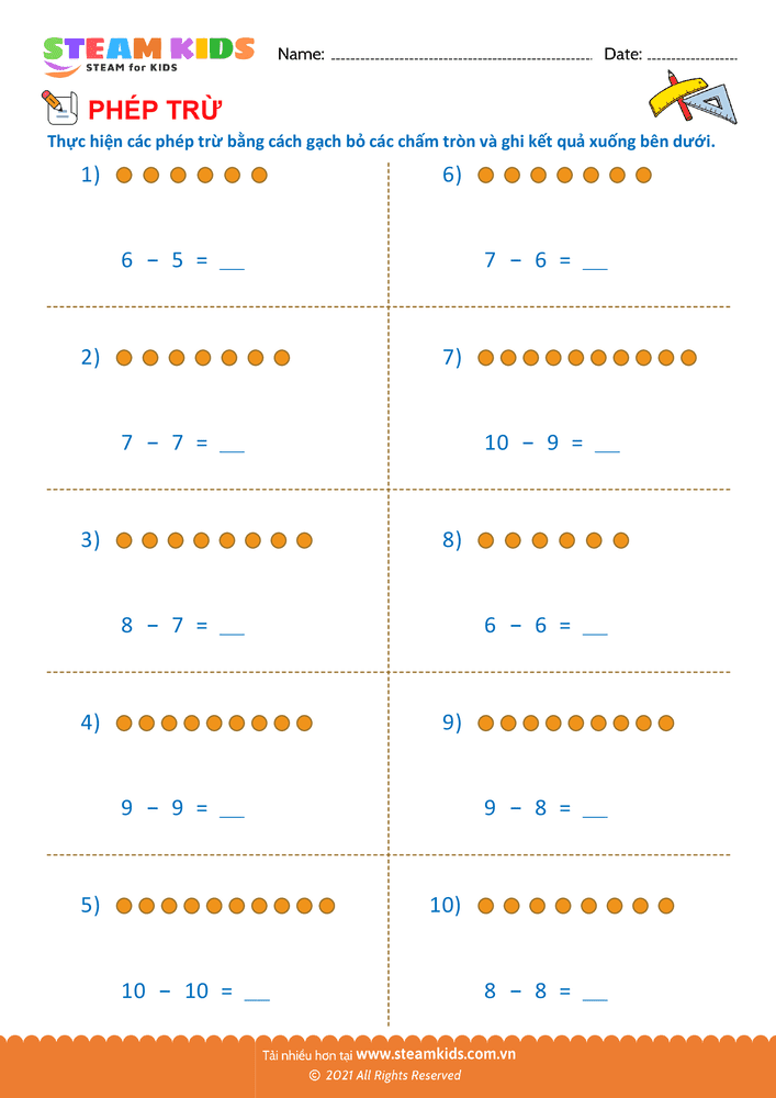 Bài tập Toán tư duy - Trừ phạm vi 10 - B12