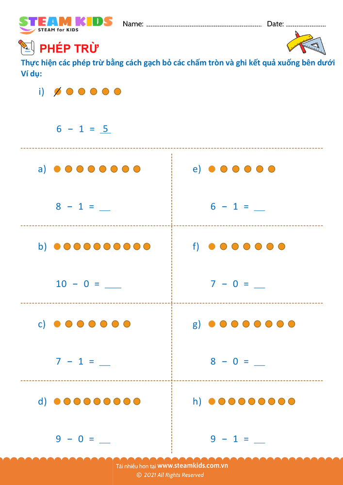 Bài tập Toán tư duy - Trừ phạm vi 10 - B13