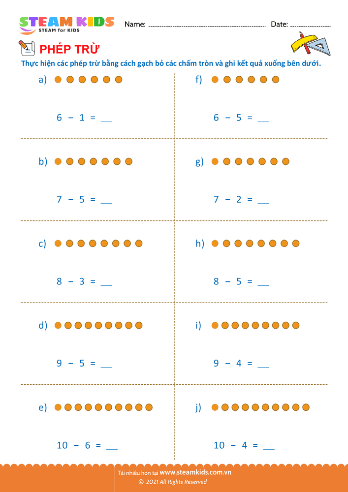 Bài tập Toán tư duy - Trừ phạm vi 10 - B18