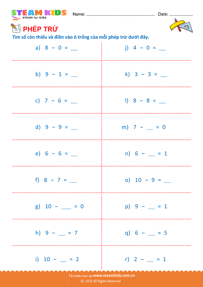 Bài tập Toán tư duy - Trừ phạm vi 10 - B21