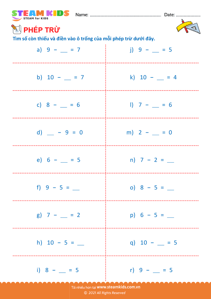 Bài tập Toán tư duy - Trừ phạm vi 10 - B23