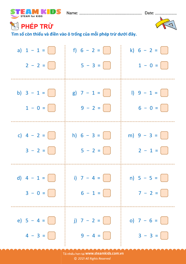 Bài tập Toán tư duy - Trừ phạm vi 10 - B27