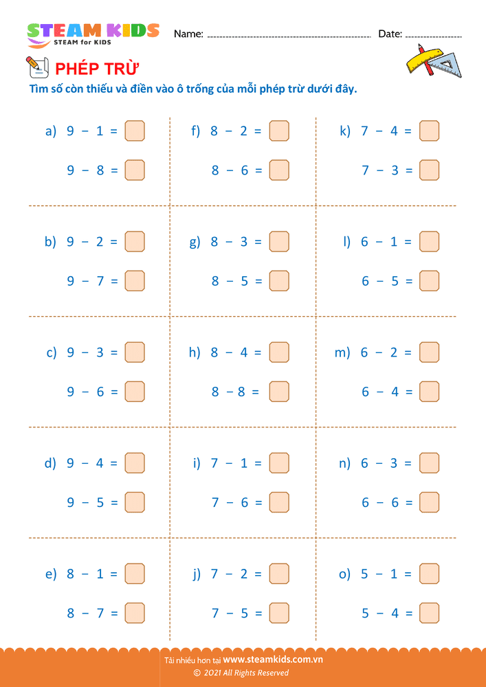 Bài tập Toán tư duy - Trừ phạm vi 10 - B28