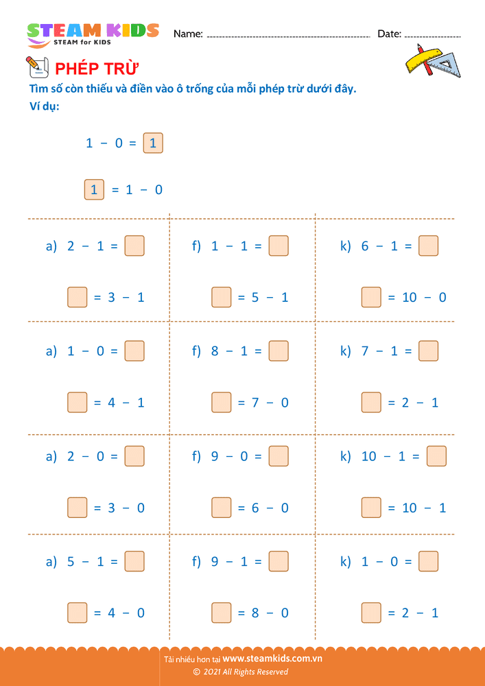 Bài tập Toán tư duy - Trừ phạm vi 10 - B29