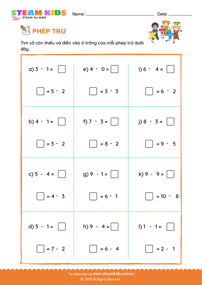 Bài tập Toán tư duy - Trừ phạm vi 10 - B30