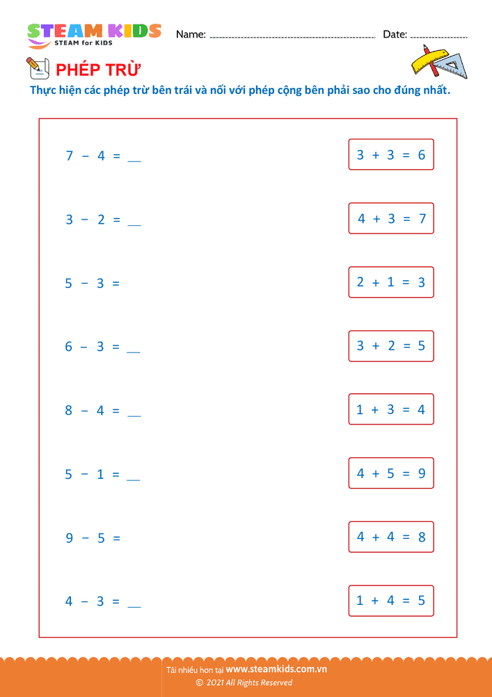 Bài tập Toán tư duy - Nối phép trừ - phép cộng - B21