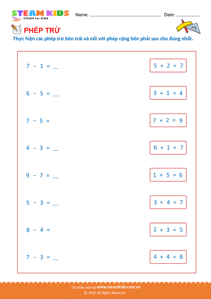 Bài tập Toán tư duy - Nối phép trừ - phép cộng - B25