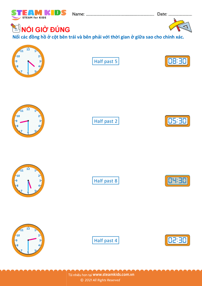 Bài tập Toán tư duy - Nối thời gian và đồng hồ - B6