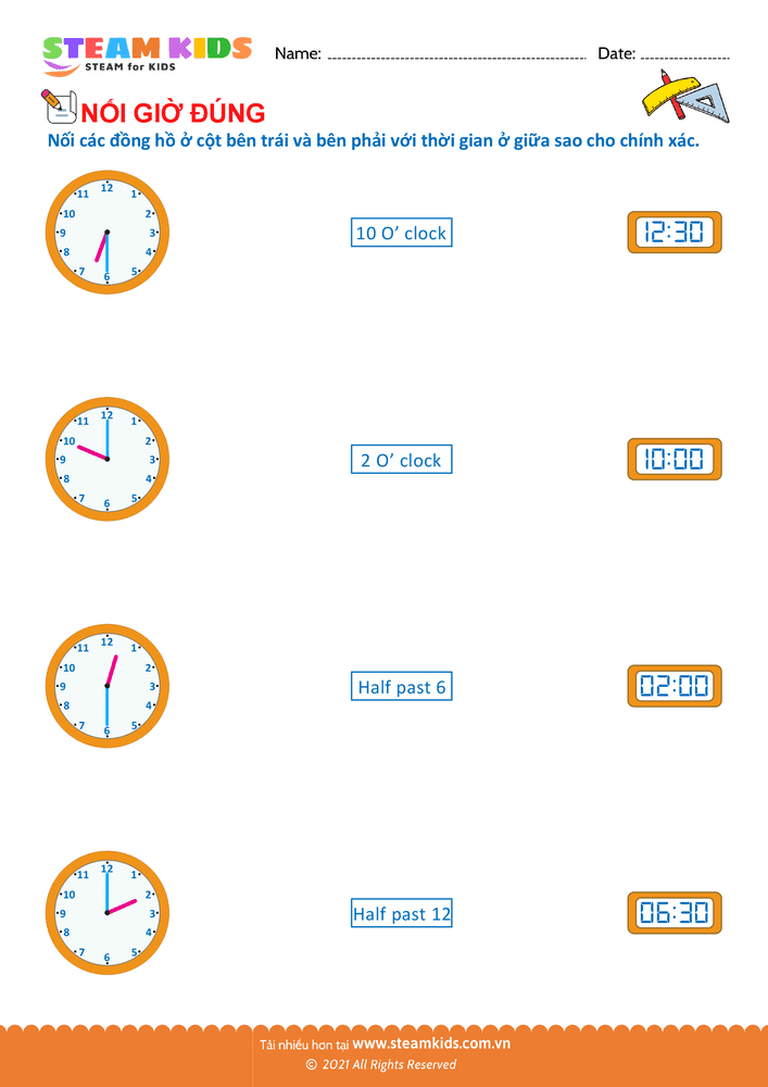 Bài tập Toán tư duy - Nối thời gian và đồng hồ - B10