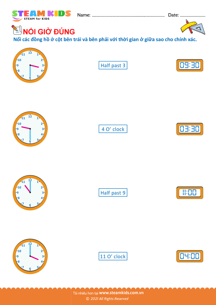 Bài tập Toán tư duy - Nối thời gian và đồng hồ - B11