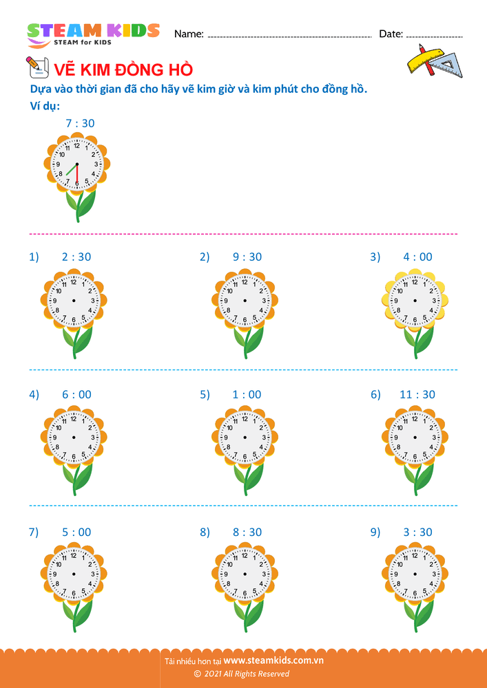 Bài tập Toán tư duy - Vẽ kim giờ và kim phút - B1