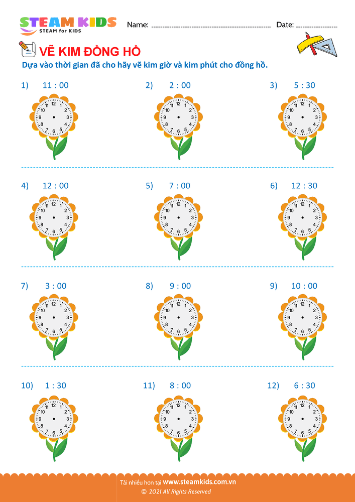 Bài tập Toán tư duy - Vẽ kim giờ và kim phút - B2