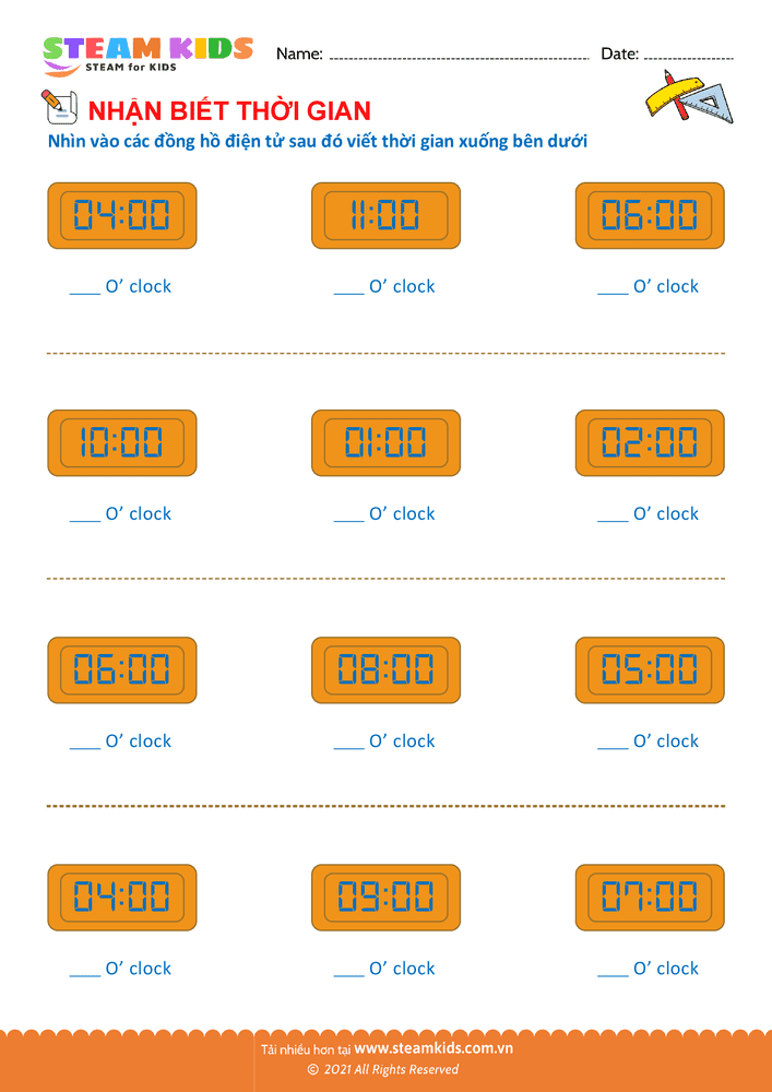 Bài tập Toán tư duy - Nhận biết thời gian - B6